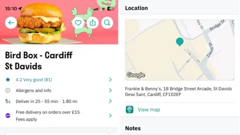 A screenshot of 'Bird Box Cardiff St Davids' from Deliveroo. It is a banner poster for a chicken restaurant with a picture of a fried chicken burger topped with cheese and sitting on gherkins and lettuce. The backdrop is pink with a stylised green cartoon chicken. Underneath are sub menus for allergens and delivery times. On the right of the picture is another screenshot - it is a Google Map showing the address of the restaurant to be Frankie and Benny's 18 Bridge Street Arcade, St. Davids Dewi Sant, Cardiff, CF10 2EF