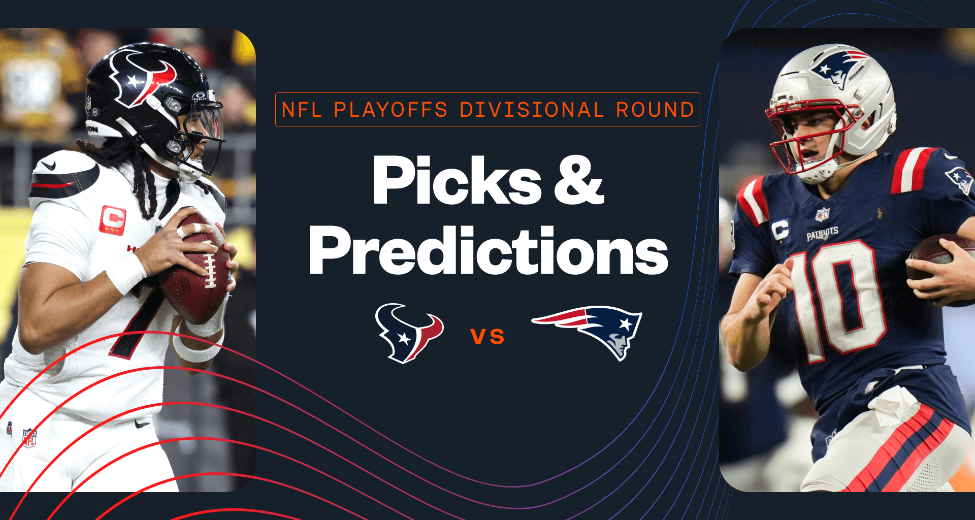 Promo image for Texans vs. Patriots, including C.J. Stroud and Drake Maye.