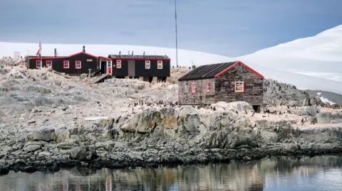 Pete Watson/UKAHT A wide view of the huts and and penguins on the island. They are all on rock close to the water's edge with icebergs in the background. 