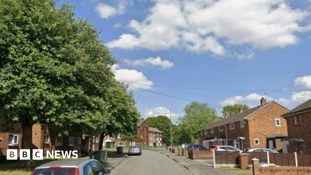A road with houses on either side of the street, some with cars parked outside. There are a couple of large trees on the left side of the road.