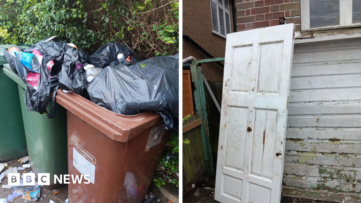 Green and brown bins are overfilled with waste bags and rubbish is scattered on the ground. Another photo shots a white dirty door off its hinges and placed outside the home.