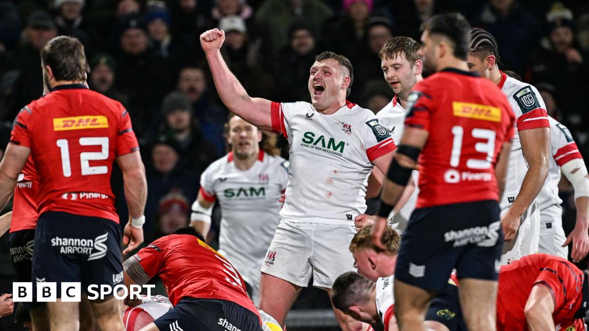Angus Bell celebrates Ulster's first try against Munster.