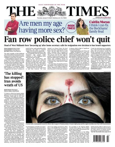 The headline on the front page of the Times reads: "'The killing has stopped': Iran avoids wrath of US."