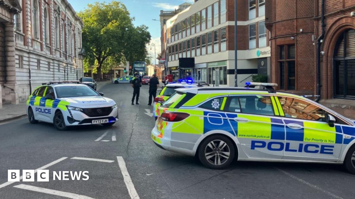 Police cars parked in the middle of a city centre street. It is daytime. Police officers are in the background.