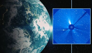 image showing a graphic illustration of earth on the left and an inset image on the right showing a view from SOHO LASCO imagery with lots of fine white specks across the screen - like a snowstorm - this is the solar radiation storm.