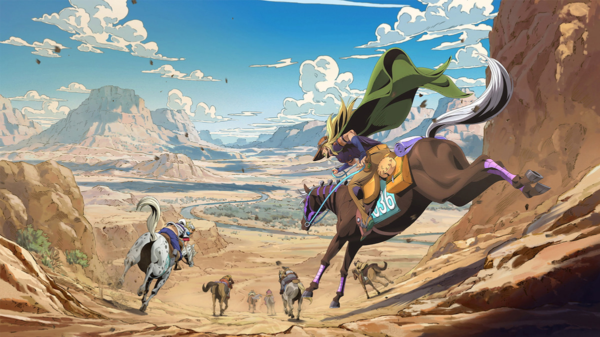 Anime-style horse riders race down a rocky canyon toward a vast desert valley under a bright blue sky with scattered clouds, surrounded by dramatic cliffs and wide open landscapes.