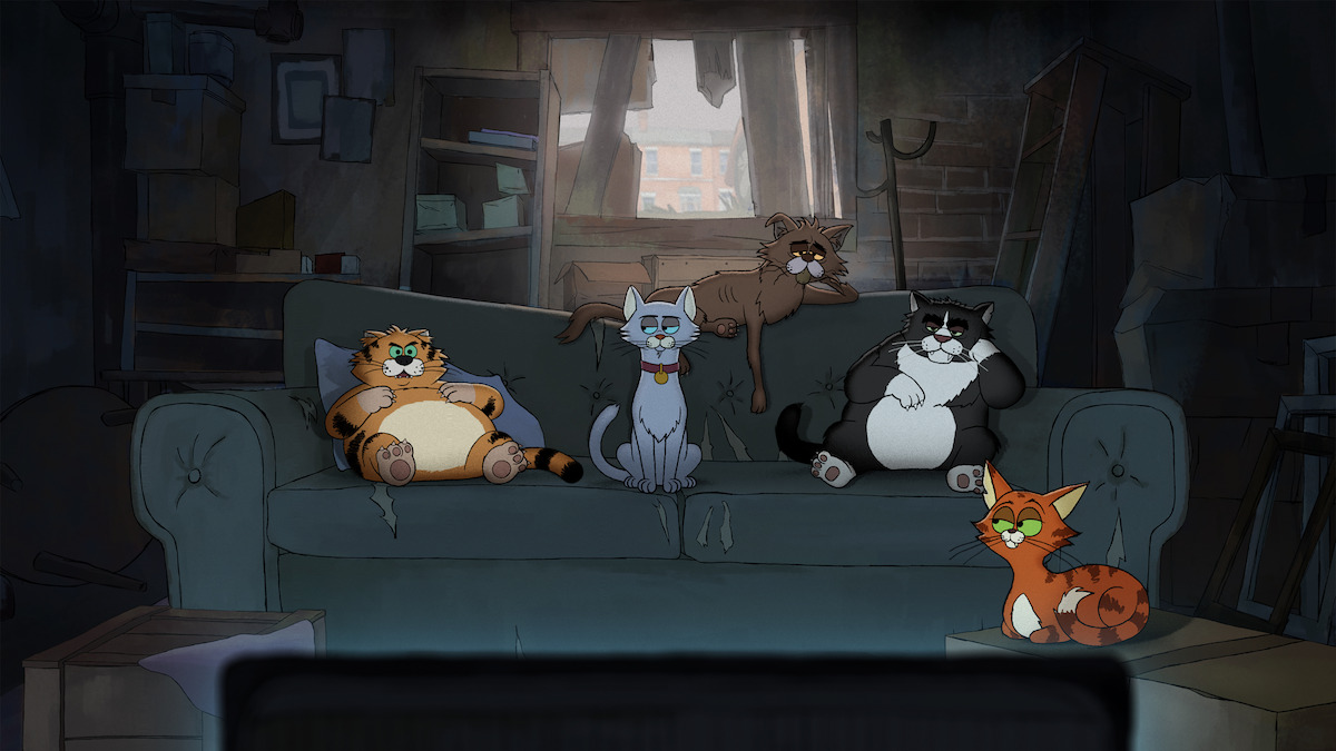 Five animated cats lounge on a worn couch in a shadowy, cluttered room, watching something intently, with light from a TV illuminating them, creating a cozy yet rundown and slightly somber atmosphere.