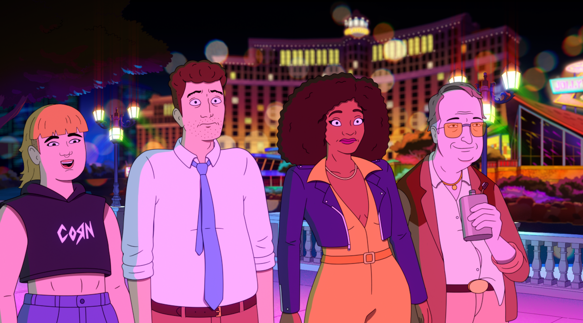 Four animated characters stand together at night in front of a brightly lit casino, surrounded by neon lights and a festive atmosphere, conveying a fun and lively mood.