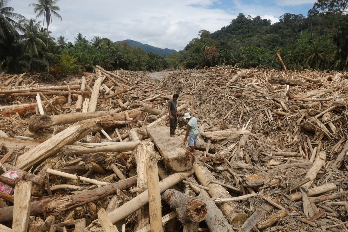 Men stand on logs swept away by flash flood in Batang Toru, North Sumatra, Indonesia, Tuesday, Dec. 2, 2025. Photo credit: AP Photo/Binsar Bakkara