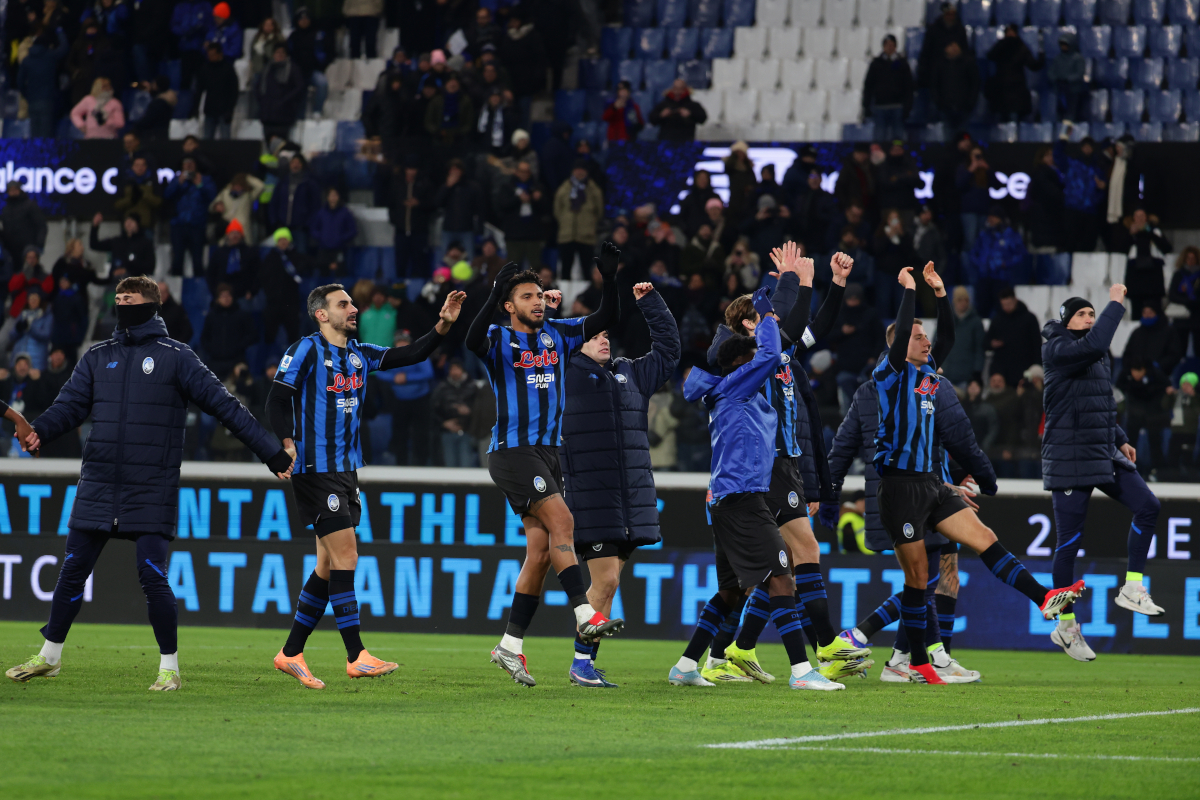 BERGAMO, ITALY - JANUARY 10: Players of Atalanta BC celebrate following he Serie A match between Atalanta BC and Torino FC at Gewiss Stadium on January 10, 2026 in Bergamo, Italy. (Photo by Francesco Scaccianoce/Getty Images)