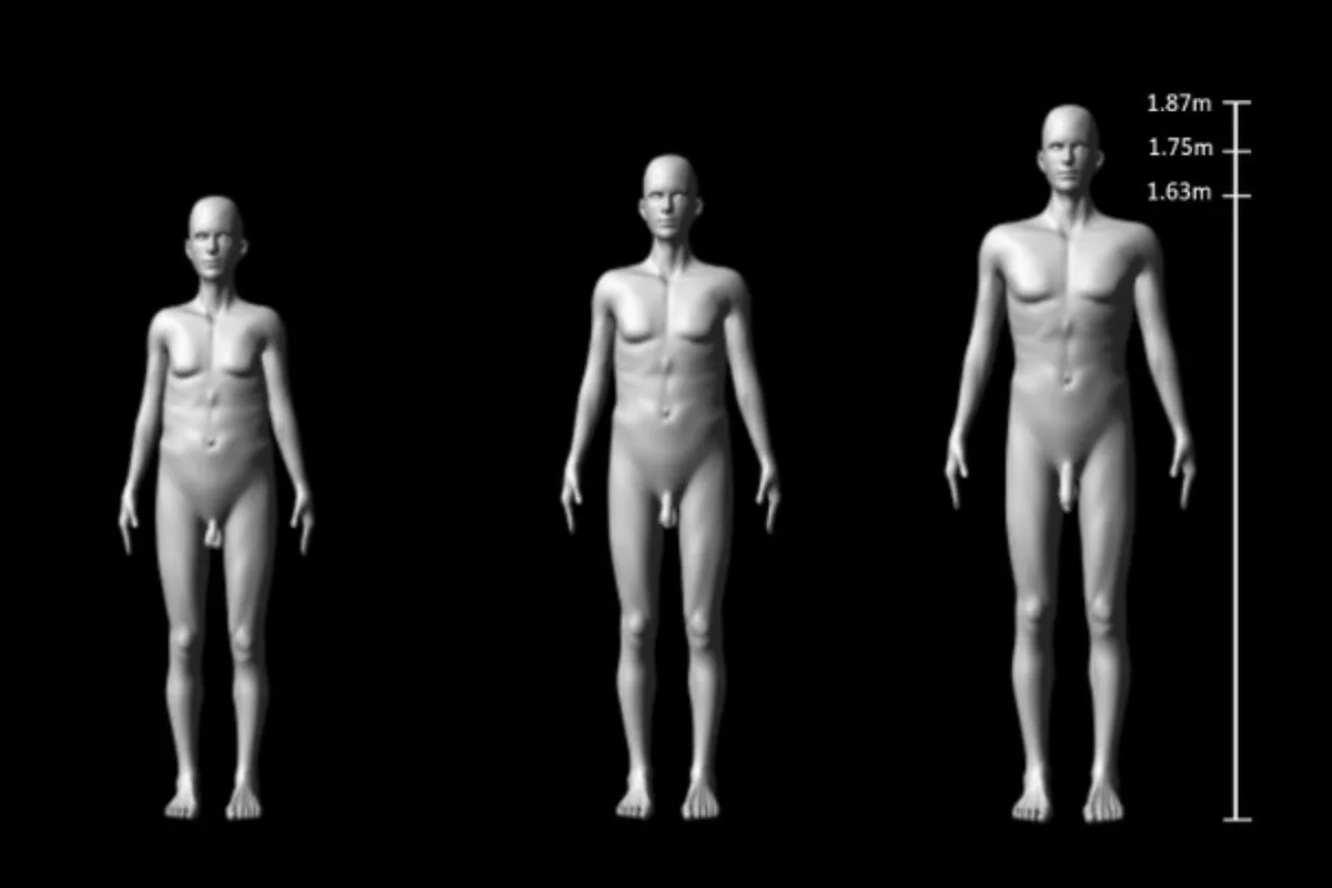 Computer-generated images of grey naked men on a black background