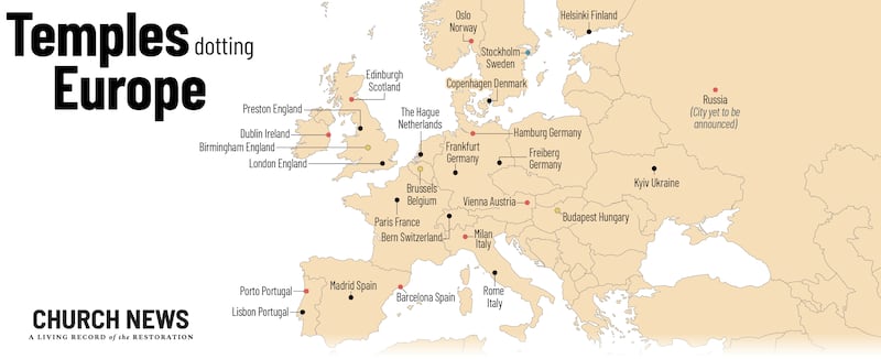 Map showing locations in Europe of temples of The Church of Jesus Christ of Latter-day Saints.
