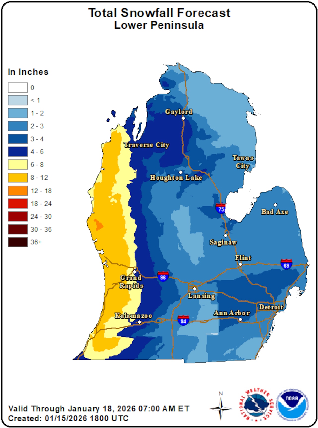 Snowfall totals through Sunday, Jan. 18