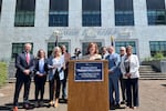 House Minority Leader Christine Drazan, R-Canby, and other GOP lawmakers address reporters in front of Oregon Department of Transportation headquarters.