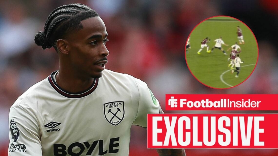 Crysencio Summerville playing for West Ham, offside decision in a circular inset