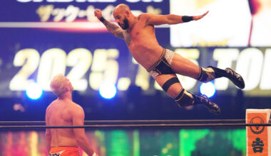 Ricochet of AEW attacks Zack Sabre Jr. during the New Japan Pro-Wrestling - Wrestle Dynasty at Tokyo Dome on January 05, 2025 in Tokyo, Japan.