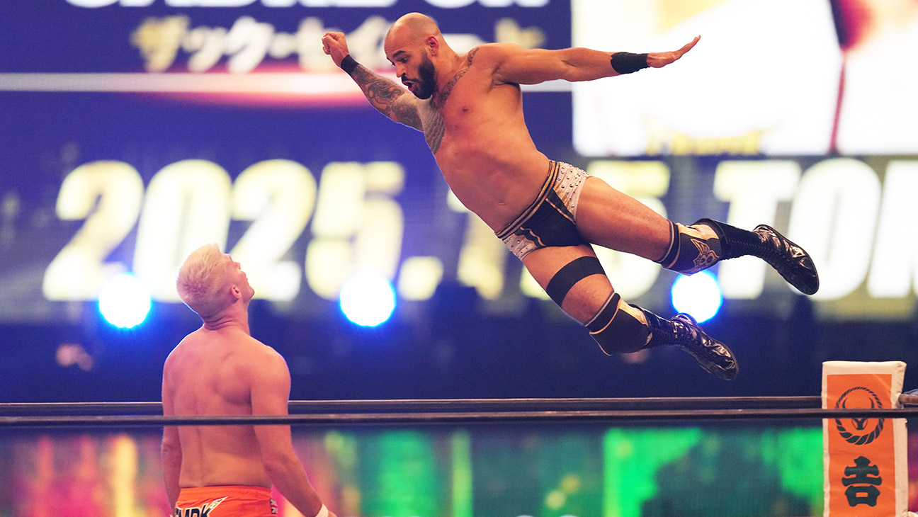 Ricochet of AEW attacks Zack Sabre Jr. during the New Japan Pro-Wrestling - Wrestle Dynasty at Tokyo Dome on January 05, 2025 in Tokyo, Japan.