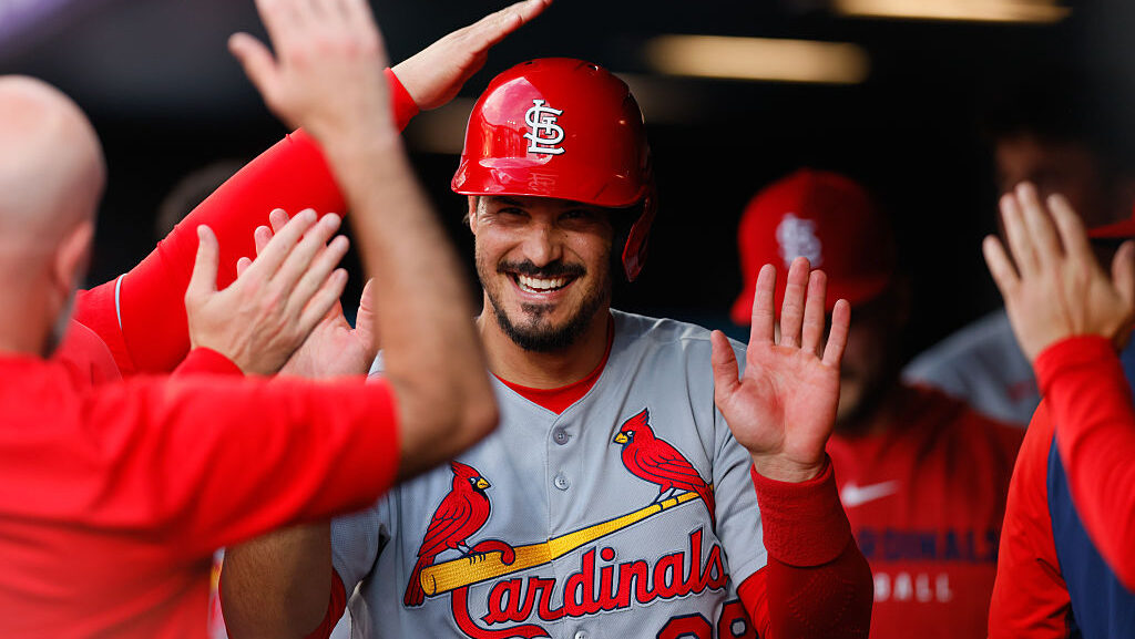 Nolan Arenado #28 of the St. Louis Cardinals to the Diamondbacks...