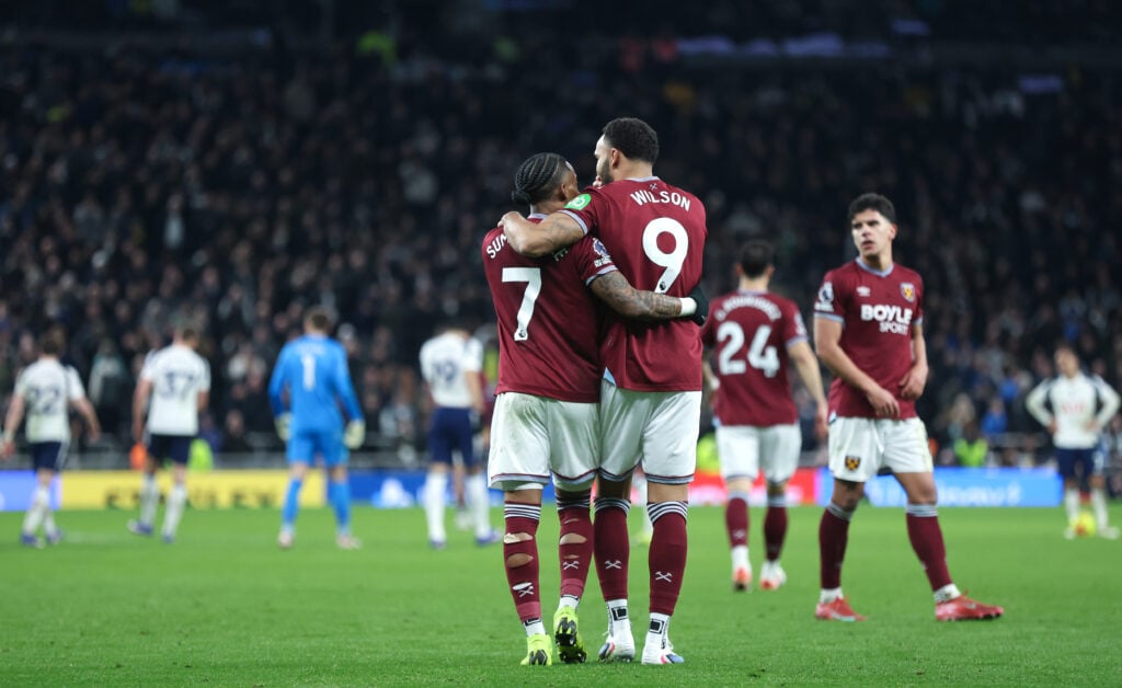 Callum Wilson and Crysencio Summerville celebrate West Ham's second goal against Tottenham.