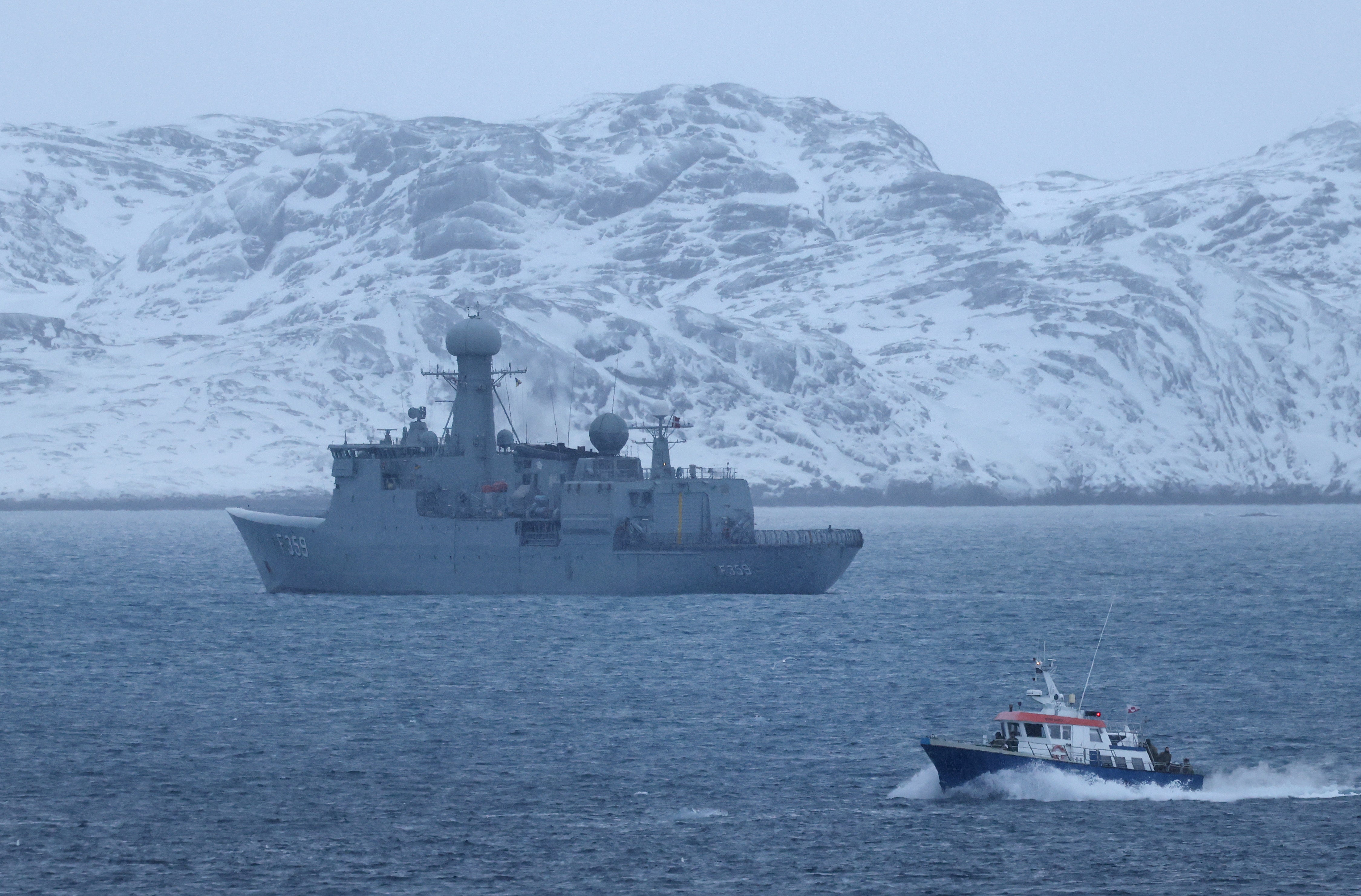 The HDMS Vaedderen frigate of the Danish Navy patrols on January 18, 2026 near Nuuk, Greenland