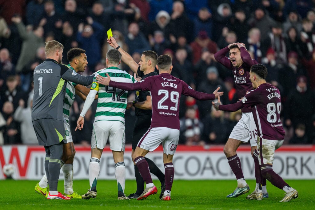 Auston Trusty shown a yellow card before VAR upgraded it to a red in Heart of Midlothian v Celtic - William Hill Premiership