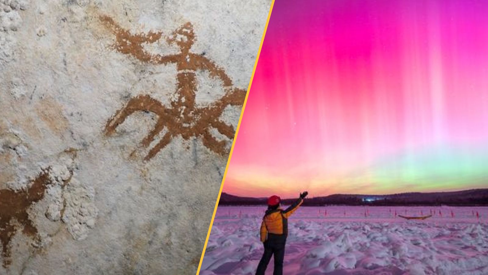 On the left is an image of red rock art on a white cave wall. On the right is an image of a pink aurora with a person in a snowy field.