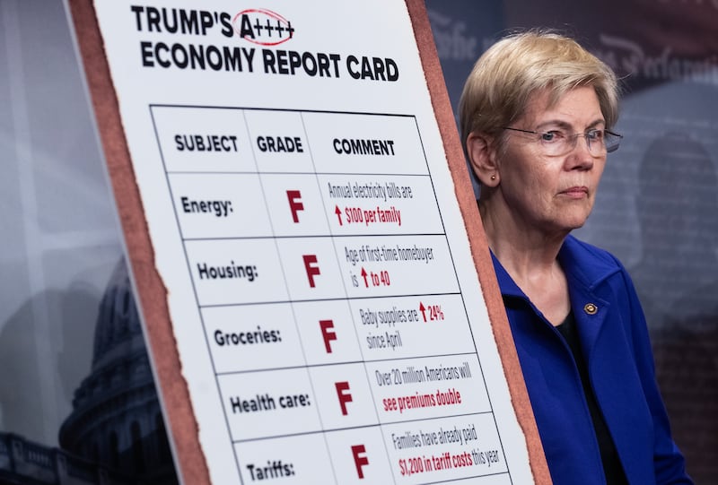 UNITED STATES - DECEMBER 17: Sen. Elizabeth Warren, D-Mass., is seen with a sign referencing President Donald Trump's "report card," during a news conference on a new "Democratic initiative to lower costs," in the U.S. Capitol on Wednesday, December 17, 2025. (Tom Williams/CQ-Roll Call, Inc via Getty Images)