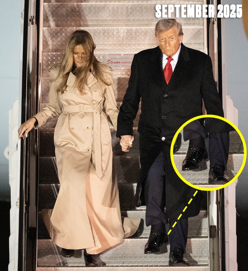 President Donald Trump and First Lady Melania Trump exit Air Force One after arriving at London Stansted Airport for a state visit on Sept. 16, 2025 in Stansted, Essex.