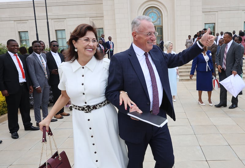 Elder Ulisses Soares, of The Church of Jesus Christ of Latter-day Saints’ Quorum of the Twelve Apostles, and his wife Sister Rosana Soares, wave to attendees at the Nairobi Kenya Temple dedication in Nairobi, Kenya, on Sunday, May 18, 2025.