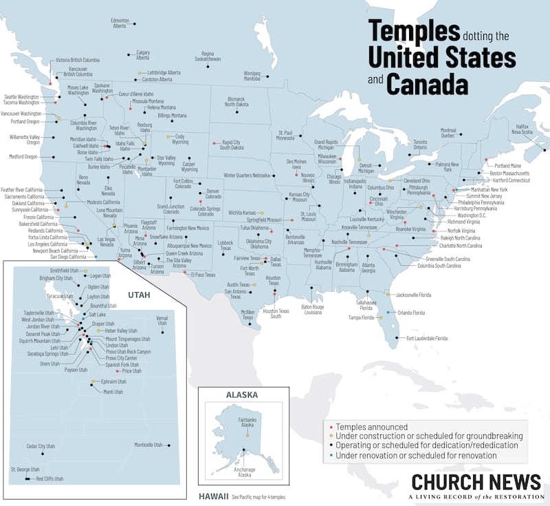 Map showing locations of temples in United States and Canada of The Church of Jesus Christ of Latter-day Saints.