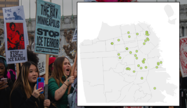 A group of protesters holding signs; overlaid is a map with green dots marking locations across a city grid.