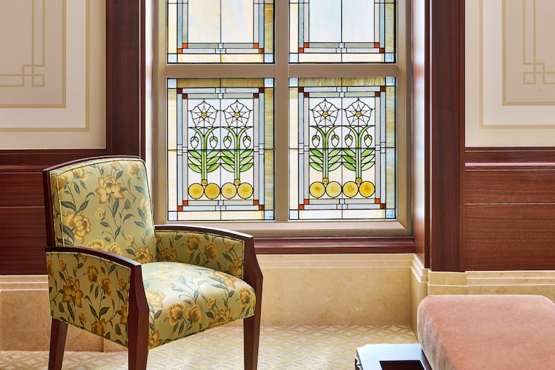 An art-glass window inside the Burley Idaho Temple.
