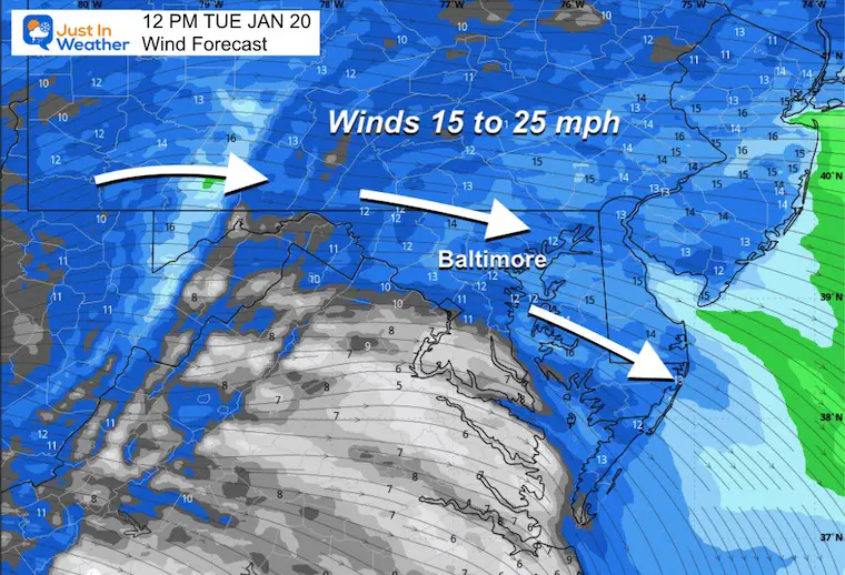 January 20 weather forecast wind Tuesday noon