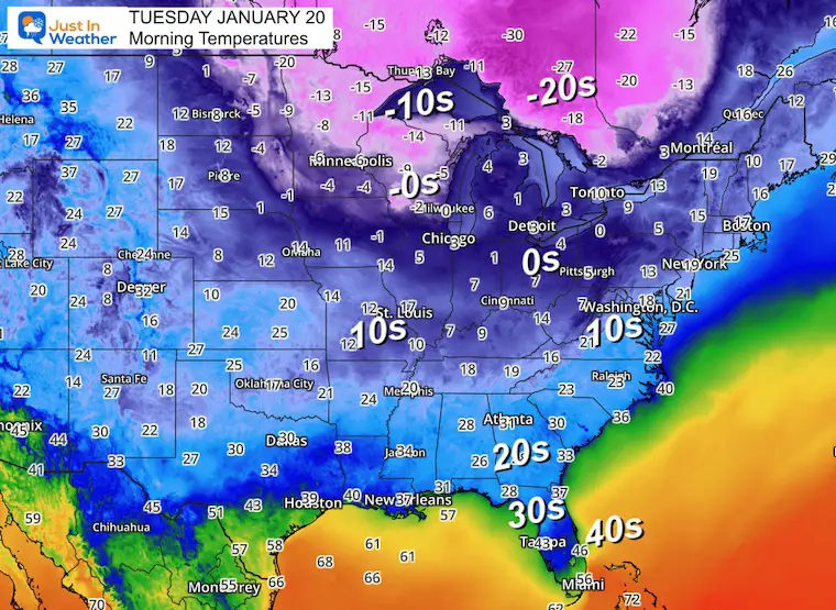 January 20 weather temperatures Tuesday morning Eastern US