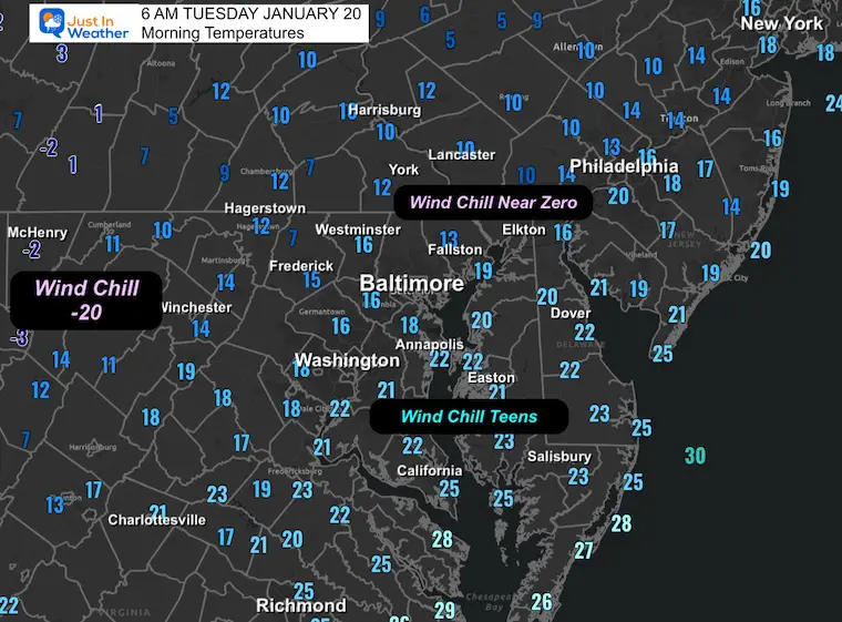 January 20 weather temperatures and wind chills Tuesday morning