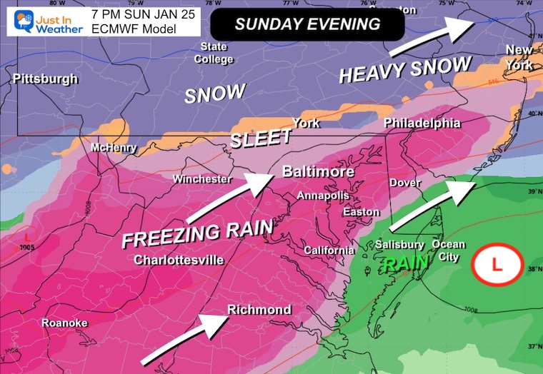 January 23 weather snow rain ECMWF Sunday 7 PM