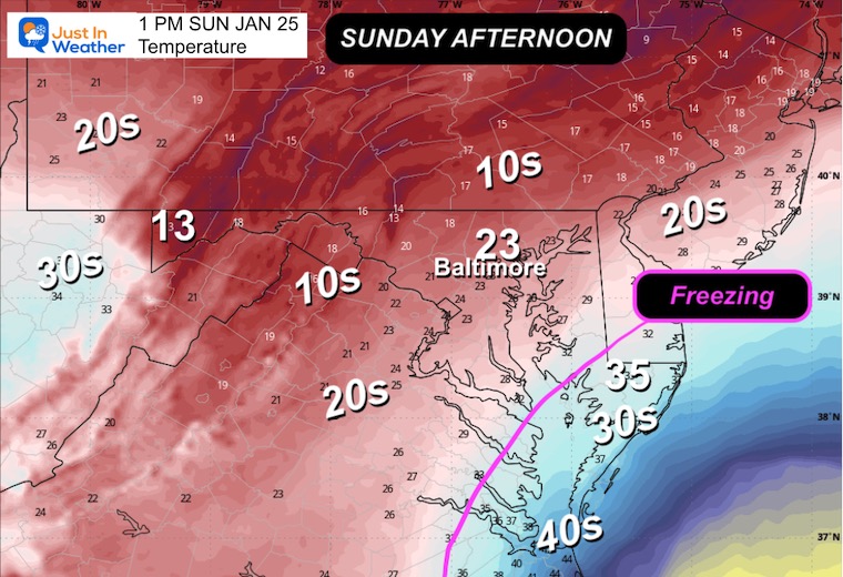 January 23 weather temperatures Sunday 1 PM