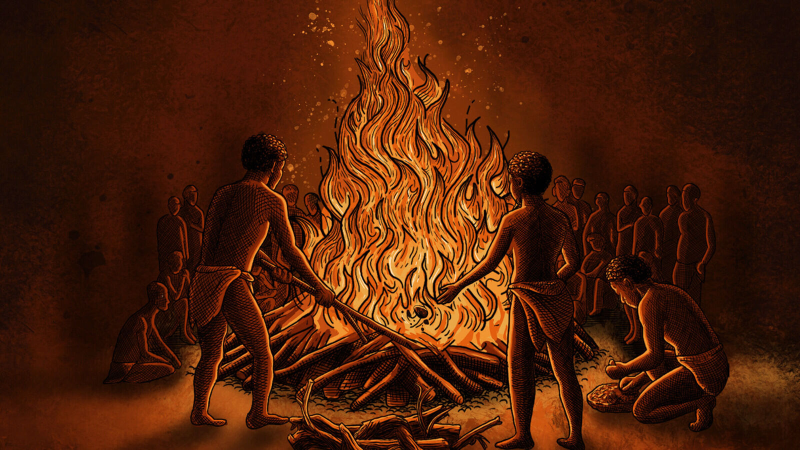 An illustration of people in front a burning pyre.