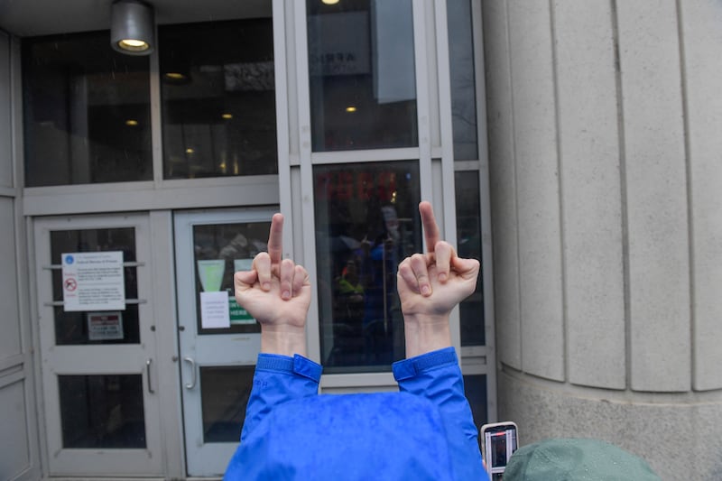 Protesters gather outside of the ICE Field office in Philadelphia, Pennsylvania during a protest.