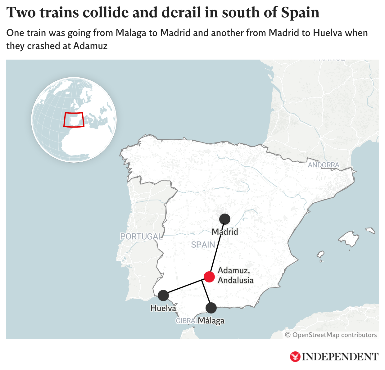 Mapped: Two trains collide and derail in south of Spain
