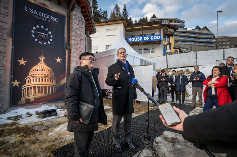 TOPSHOT - US Treasury Secretary Scott Bessent speaks during a press conference outside of the USA House at the annual meeting of the World Economic Forum (WEF) in Davos on January 19, 2026. The World Economic Forum takes place in Davos from January 19 to January 23, 2026. (Photo by Fabrice COFFRINI / AFP via Getty Images)