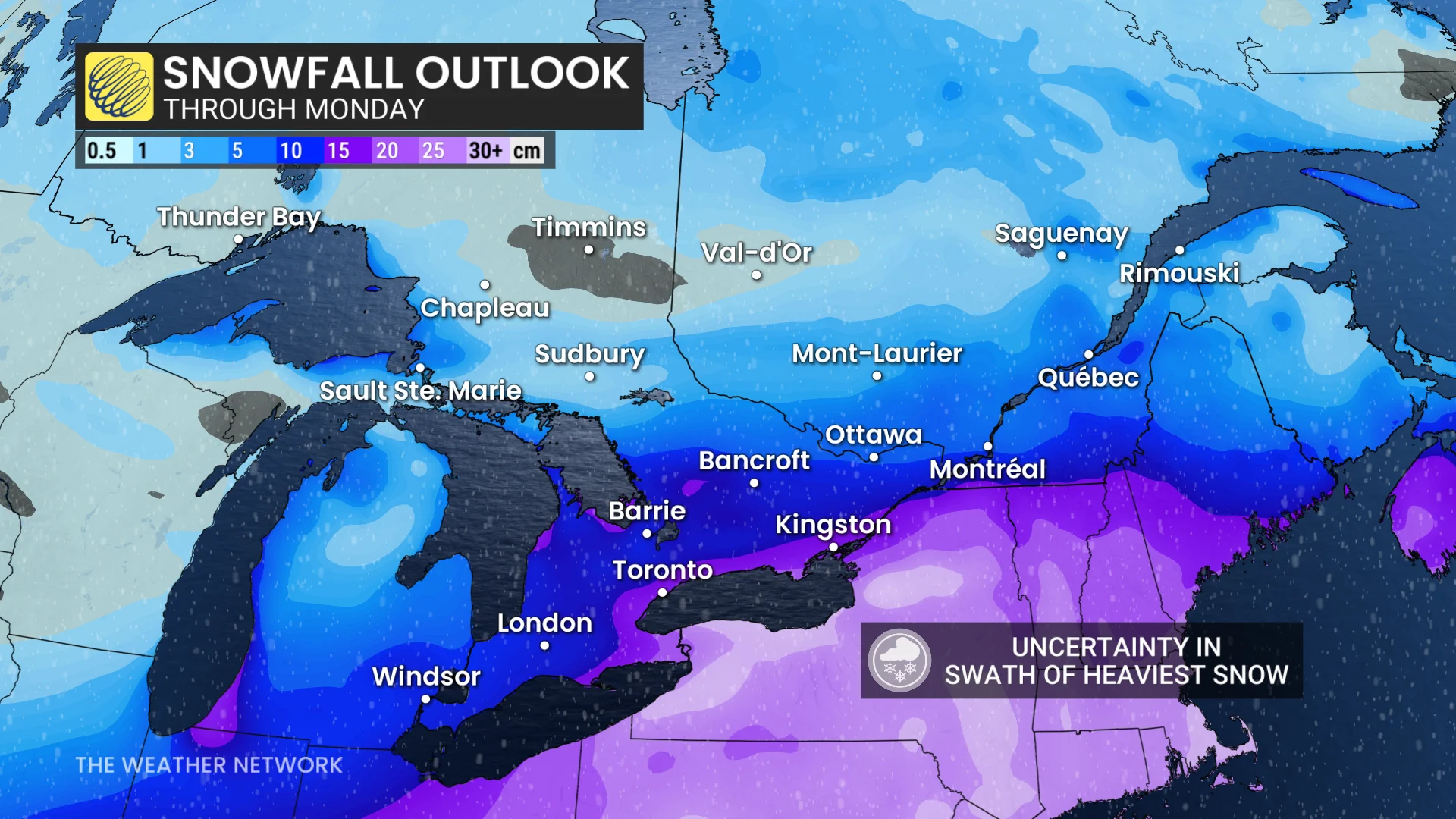 Ontario snowfall outlook through Monday