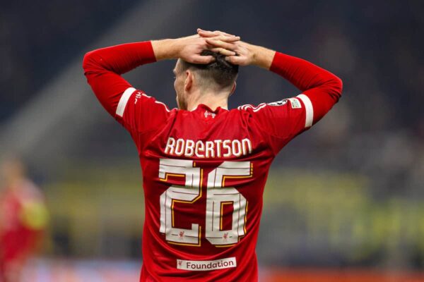 MILAN, ITALY - Tuesday, December 9, 2025: Liverpool's Andy Robertson during the UEFA Champions League game between Internazionale Milano and Liverpool FC at the Stadio San Siro. (Photo by David Rawcliffe/Propaganda)