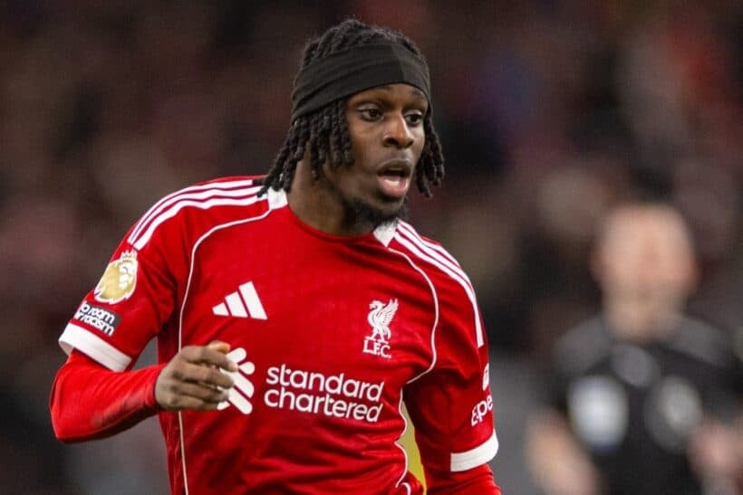 LIVERPOOL, ENGLAND - New Year's Day, Thursday, January 1, 2026: Liverpool's Jeremie Frimpong during the FA Premier League match between Liverpool FC and Leeds United FC at Anfield. (Photo by David Rawcliffe/Propaganda)