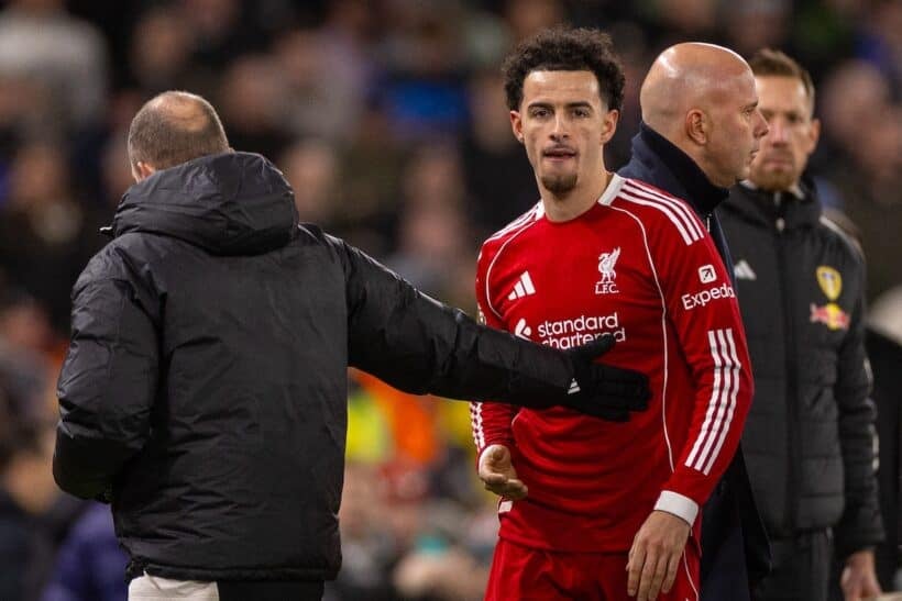 LIVERPOOL, ENGLAND - New Year's Day, Thursday, January 1, 2026: Liverpool's Curtis Jones is substituted off during the FA Premier League match between Liverpool FC and Leeds United FC at Anfield. (Photo by David Rawcliffe/Propaganda)
