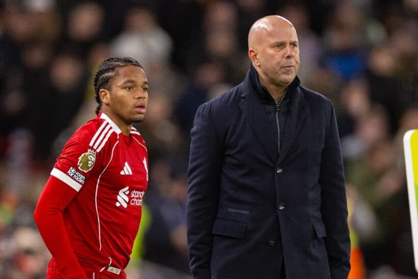 LIVERPOOL, ENGLAND - New Year's Day, Thursday, January 1, 2026: Liverpool's substitute Rio Ngumoha preparing to come during the FA Premier League match between Liverpool FC and Leeds United FC at Anfield. (Photo by David Rawcliffe/Propaganda)