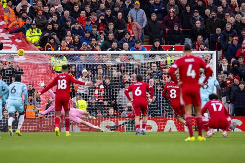 LIVERPOOL, ENGLAND - Saturday, January 17, 2026: Liverpool's Dominik Szoboszlai penalty kick hits the cross-bar during the FA Premier League match between Liverpool FC and Burnley FC at Anfield. (Photo by David Rawcliffe/Propaganda)