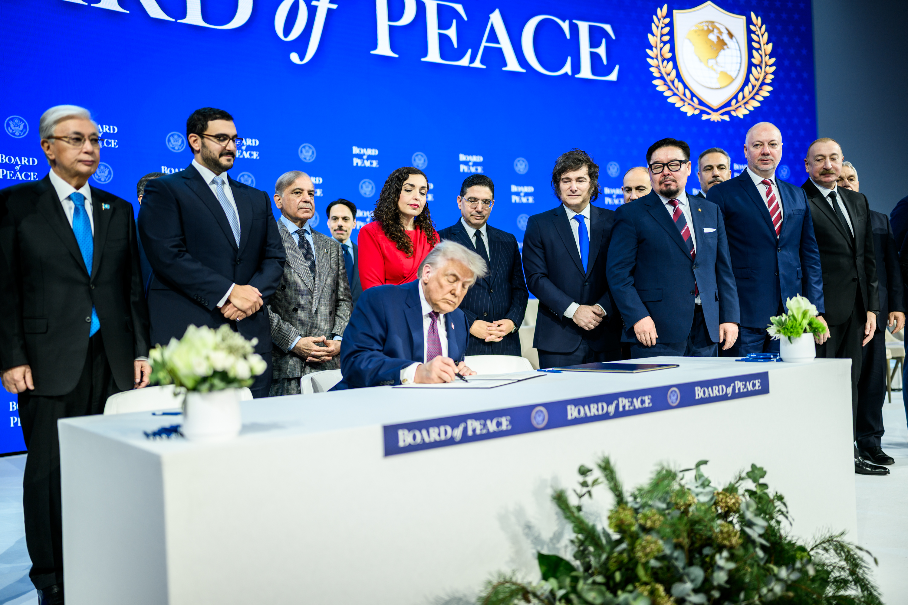 President Donald Trump participates in the Board of Peace Charter Announcement and Signing ceremony during the World Economic Forum, Thursday, January 22, 2026, at the Davos Congress Center in Davos, Switzerland. (Official White House Photo by Daniel Torok)