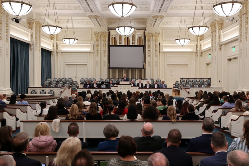 Elder Ronald A. Rasband speaks at a missionary devotional at the Joseph Smith Memorial Building in Salt Lake City on Friday, Jan. 9, 2026.