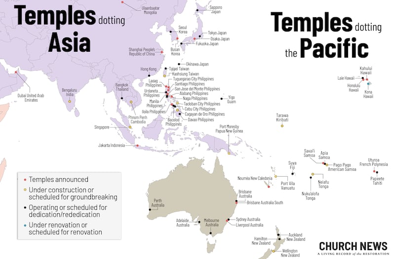 Map shows locations of temples of The Church of Jesus Christ of Latter-day Saints in Asia and Oceania.